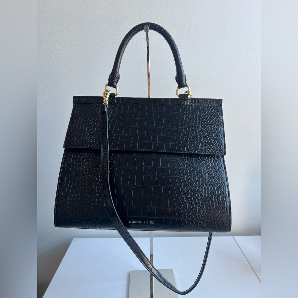 Modern Picnic Large Luncher‎ in Black Croc Vegan Leather